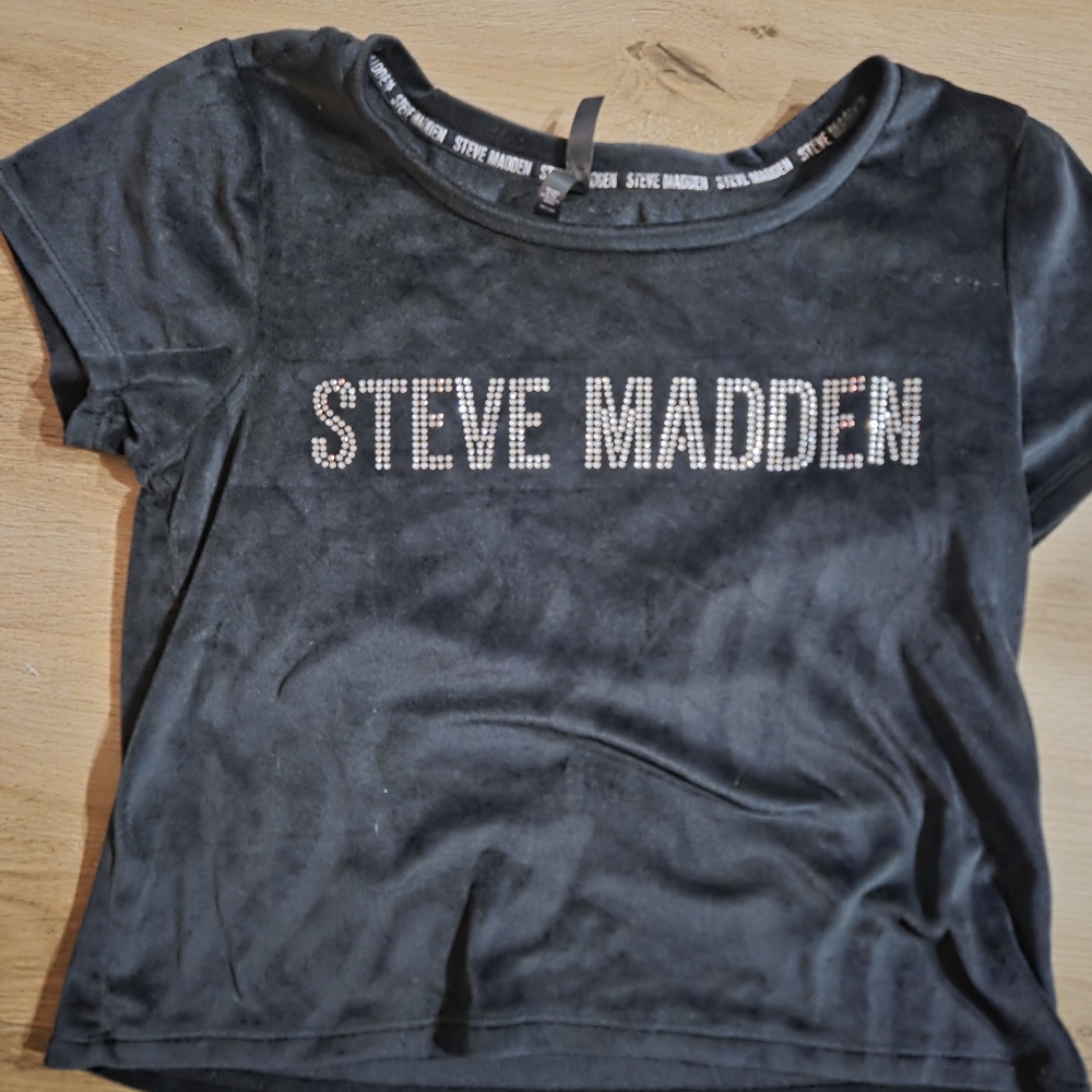 Steve Madden Velvety Sofy Rhinestone Logo Crop Top